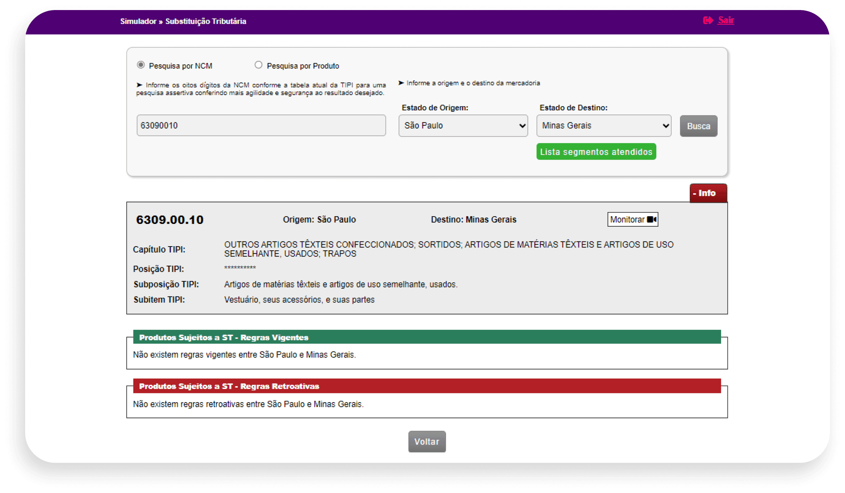 Tela da simulação de ICMS-ST