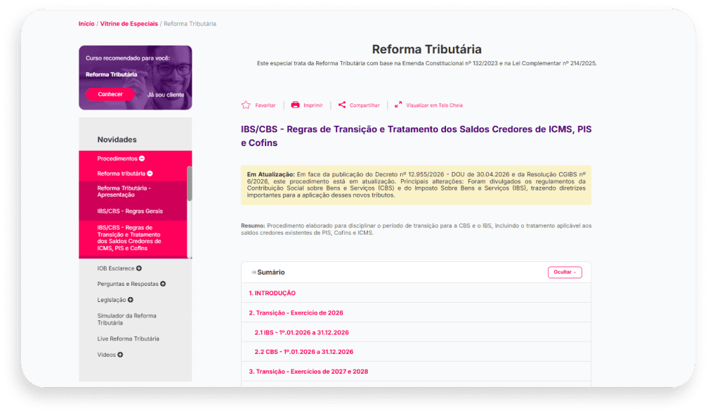 Tela da seção especial da Reforma Tributária