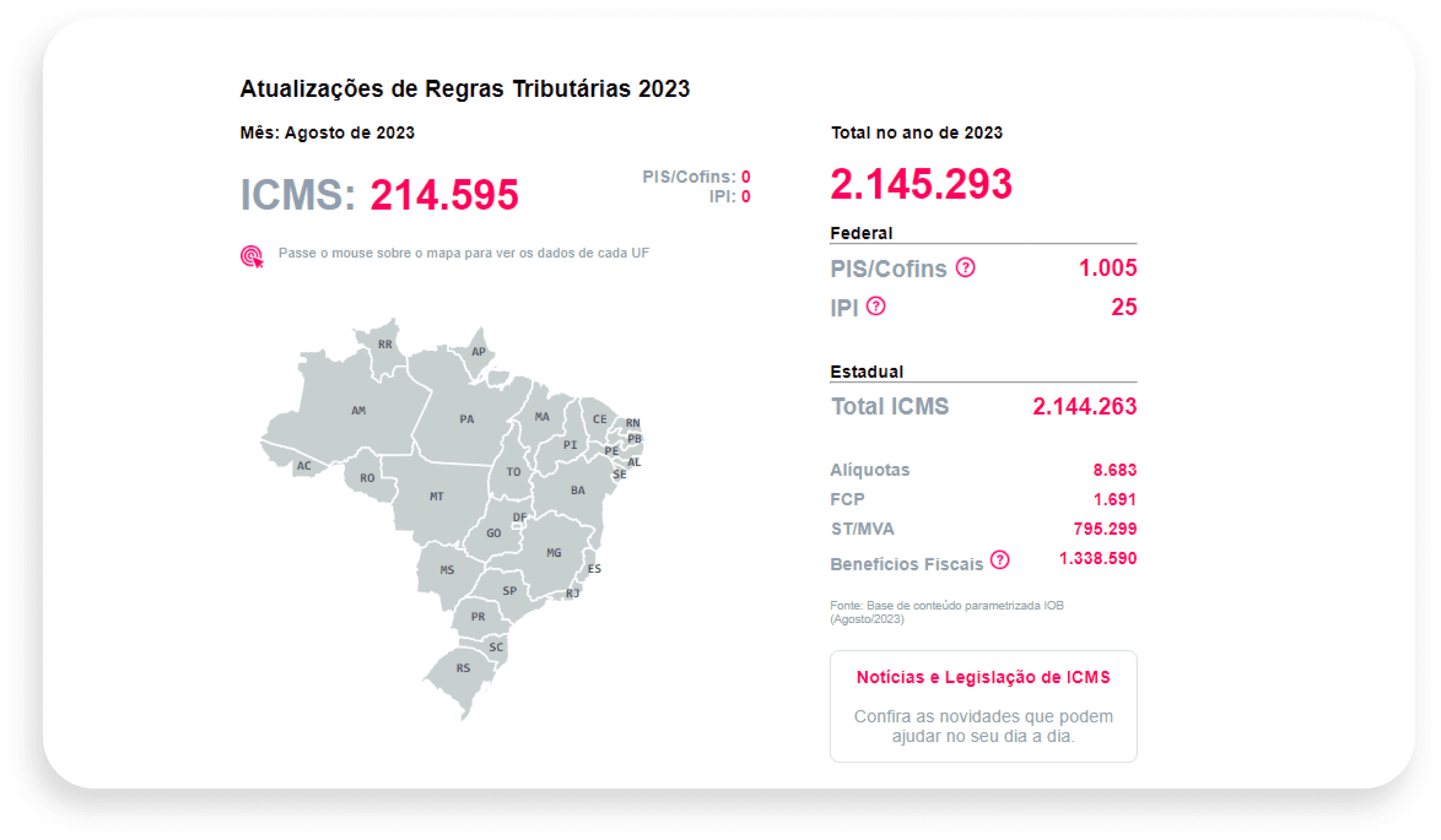 Tela de notícias sobre tributação no IOB Simulador Tributário