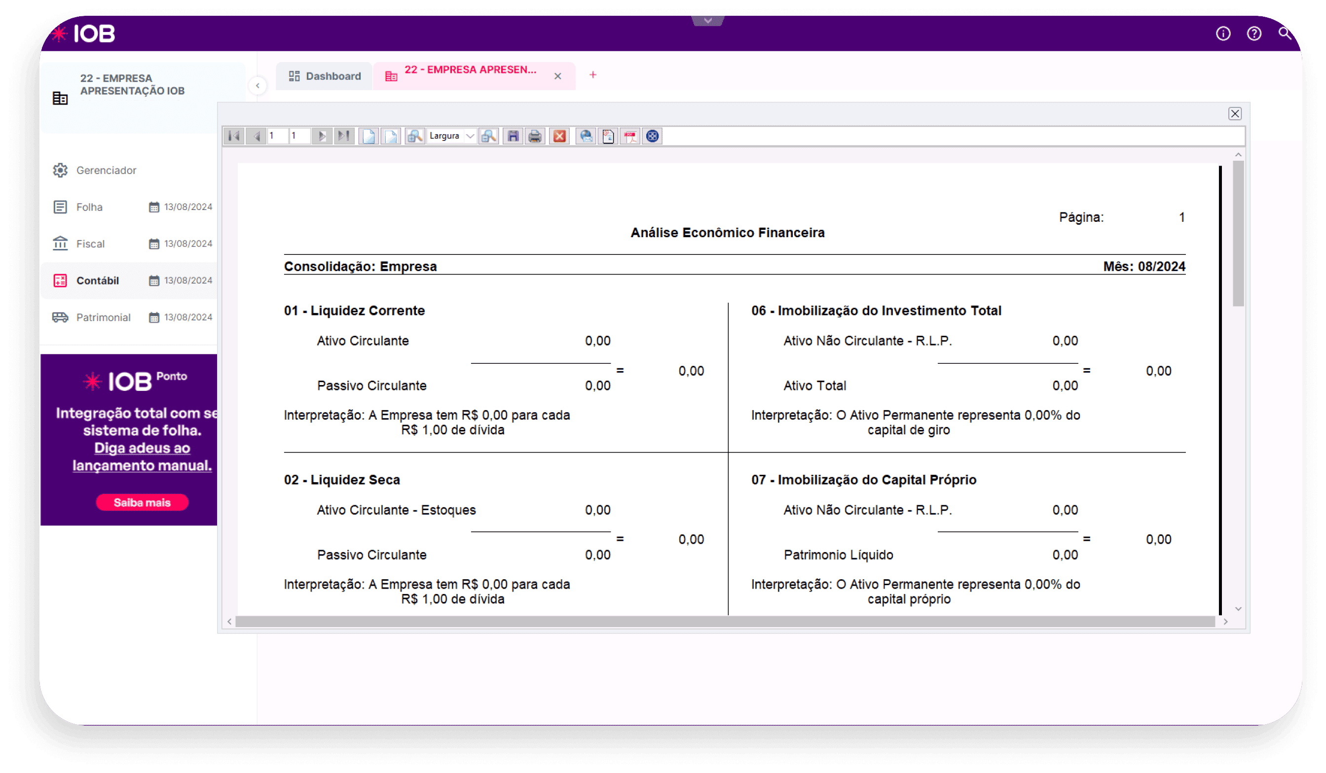 Tela de auditoria financeira no sistema contábil IOB