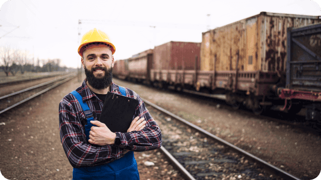Fiscal de mercadorias diante de um trem em uma ferrovia