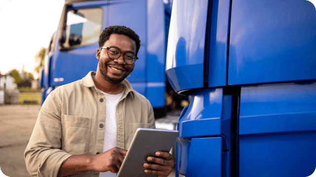 Uma fileira de caminhões rodando a estrada