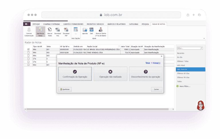 Tela do radar de notas fiscais do sistema IOB Start