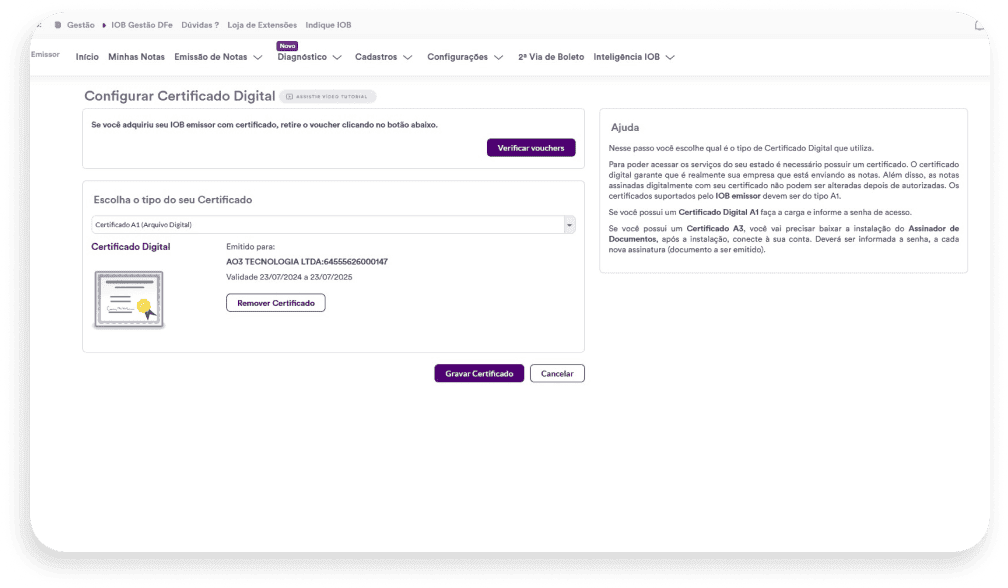 tela de configuração de certificado digital no IOB Emissor