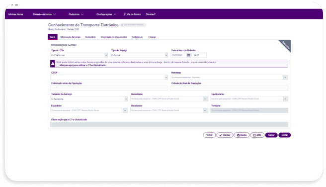 Tela de emissão do CT-e no sistema IOB Emissor