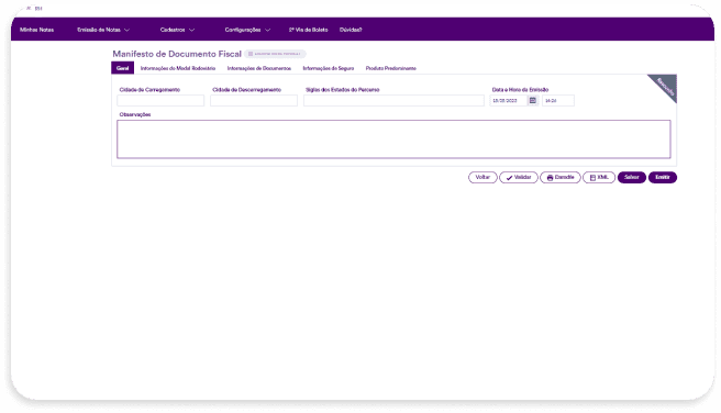 Tela de emissão do MDF-e no sistema IOB Emissor