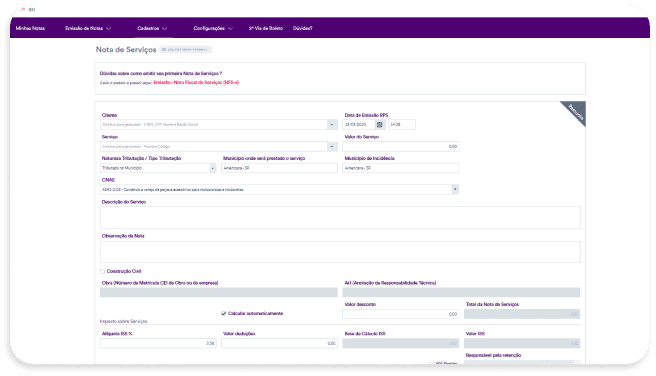 Tela de emissão da NFS-e no sistema IOB Emissor