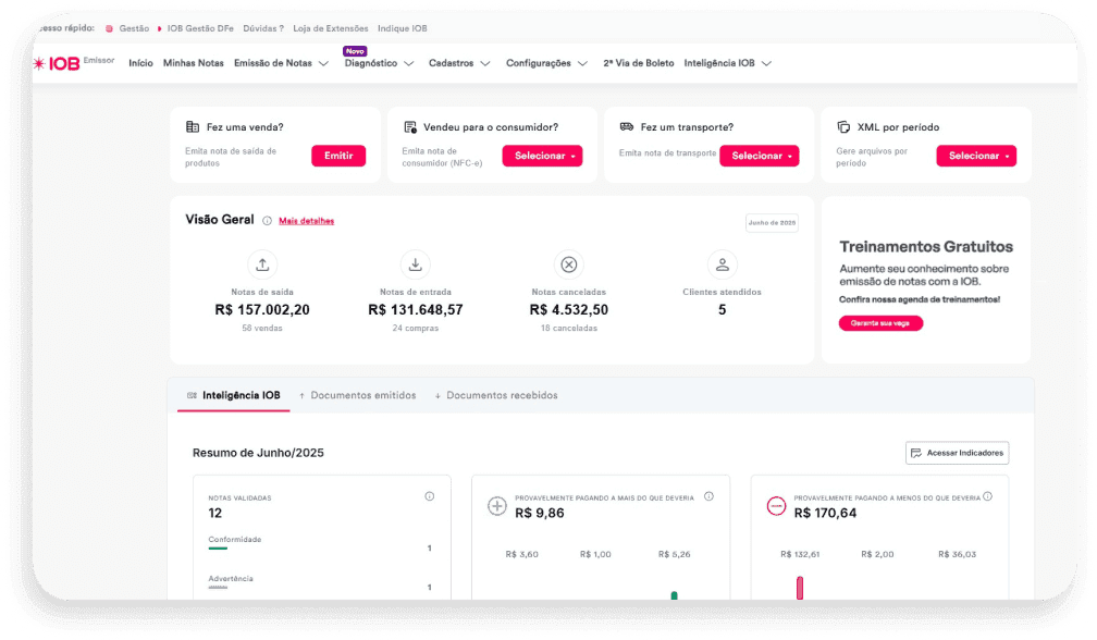 tela inicial do IOB Emissor com trilha para emissão da primeira nota fiscal