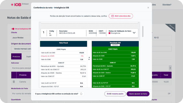 Tela da validação de impostos no sistema IOB Emissor