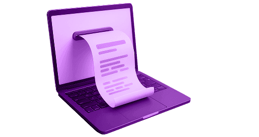Ícone em 3D de um notebook emitindo nota fiscal
