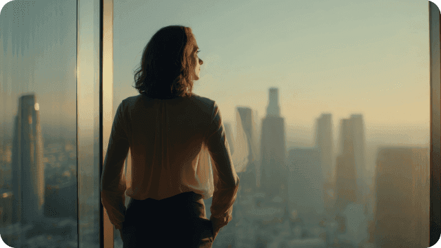Empresária admirando a vista dos prédios em sua janela