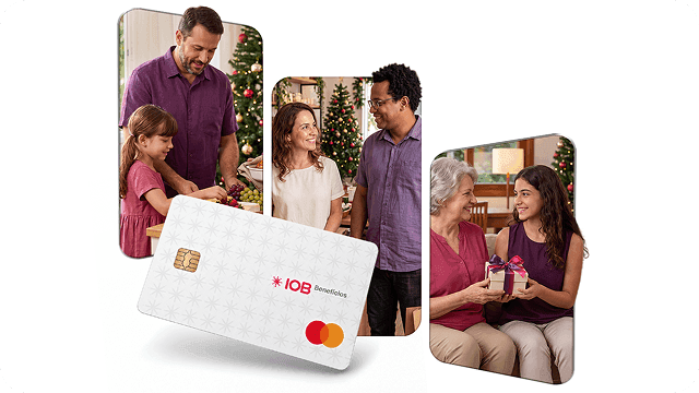 Cartão IOB Benefícios e famílias trocando presentes de Natal