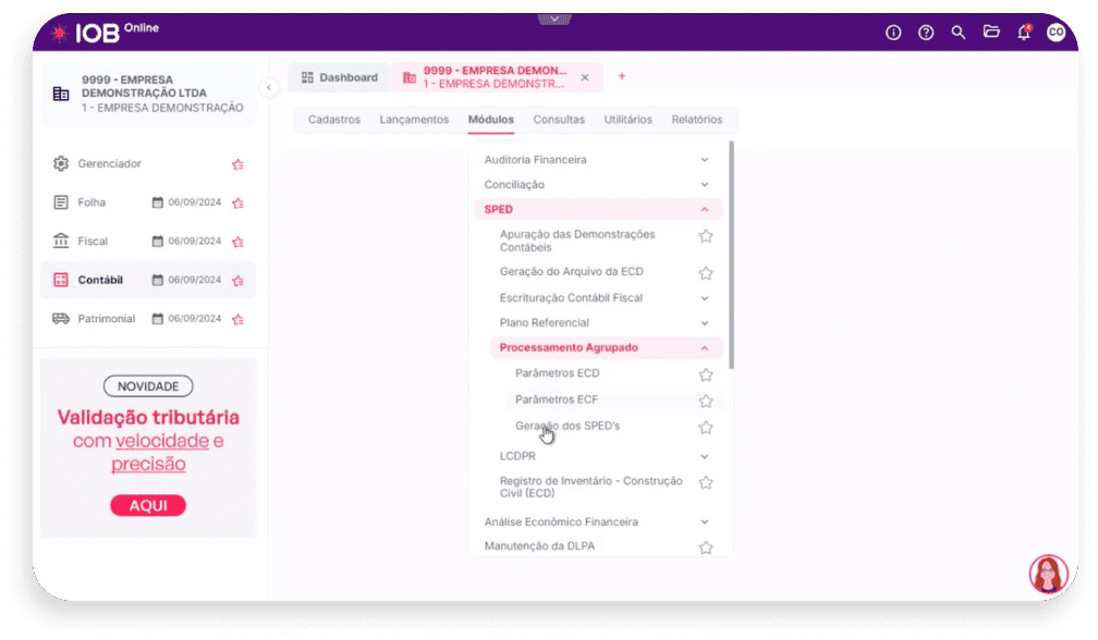 Tela do Sped Multiempresa no IOB Online Sistemas